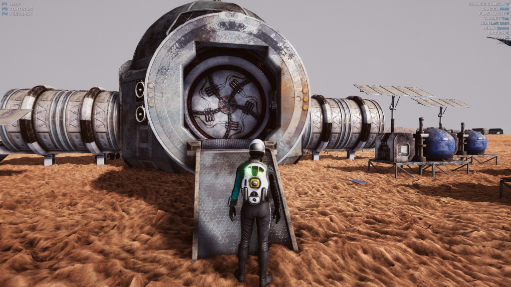 Image showing player character standing outside an abandoned structure on Martian surface, from a 3rd person perspective