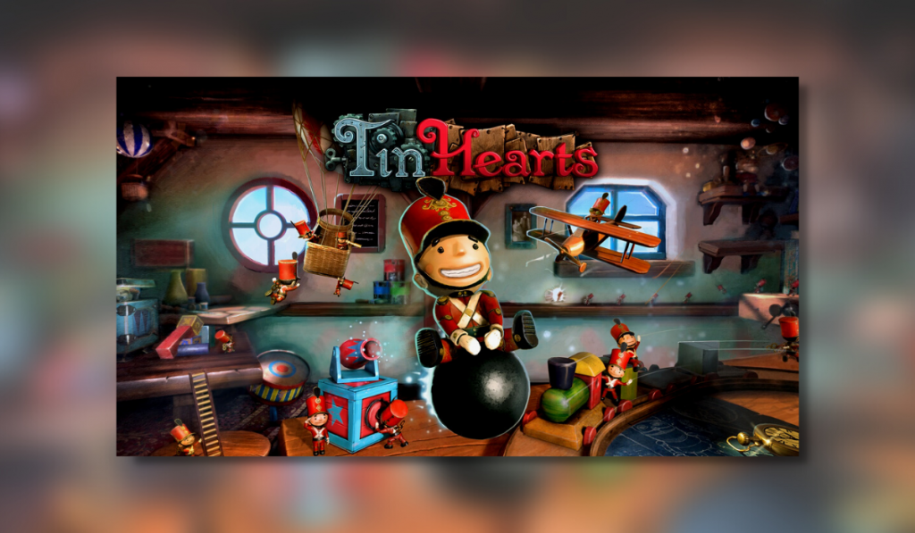 The cover art for Tin Hearts featuring a toy soldier on a ball with a room full of toys in the background