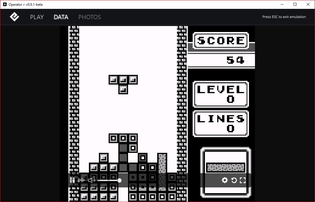 The original Gameboy version of Tetris running on the GB Operator. The visuals are in black and white 
