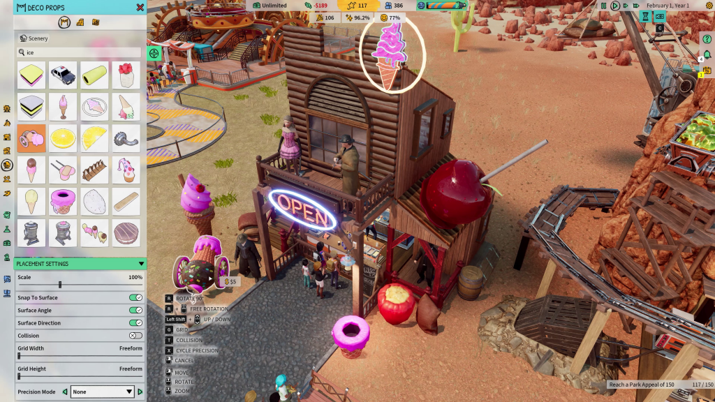 screenshot showing a brown wild-west style confectionery stand having deco props added to it. A window is open with a large selection of what is available such as ice cream cones and other appetizing models of sweets