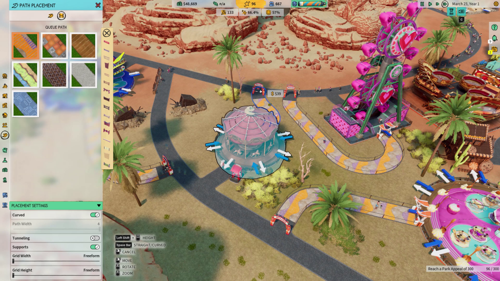 screenshot showing a merry go round being connected to the path system. A multitude of blue and white arrows are displayed around the ride to indicate all of the possible ways the entrance and exit paths can be installed.