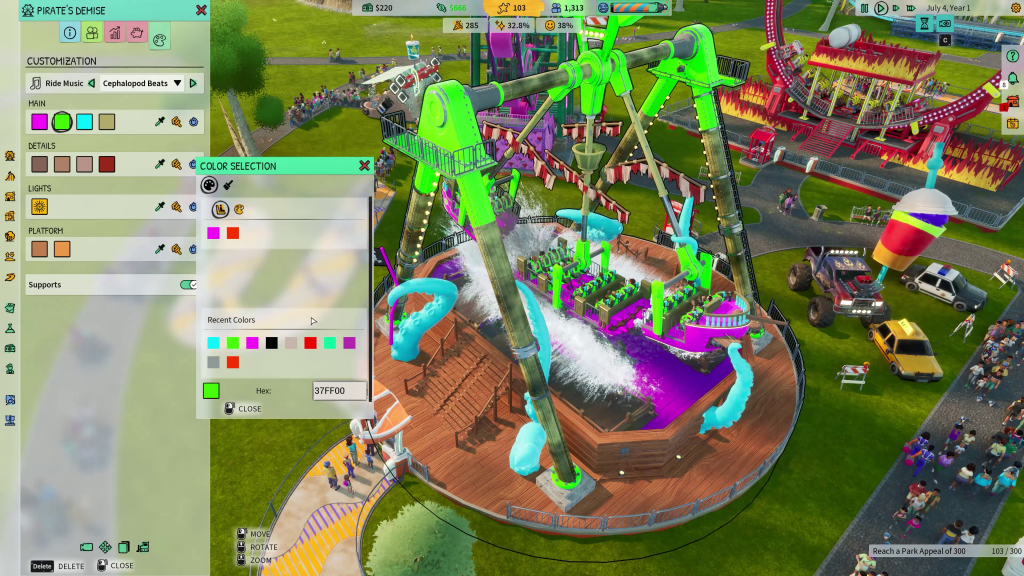 screenshot showing a swinging galleon ride being customised through selecting colours available on a tool window. The frame is in a bright green while the boat is in a pinky purple. Around the ride is green grass, grey paths and a lot of guests.