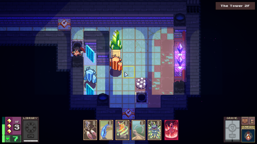 Battle room, with crystal golems and crystals laid out to destroy them, with your card selection down below, Health, Ap and Card library to the left, Card grave and Curio to the right and where you are in "The Tower" to the top right