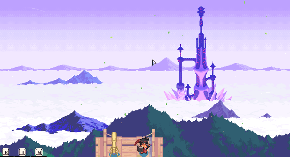 Main Character overlooking a dark and foreboding Tower in the distance surrounded by mountains, clouds and forest 