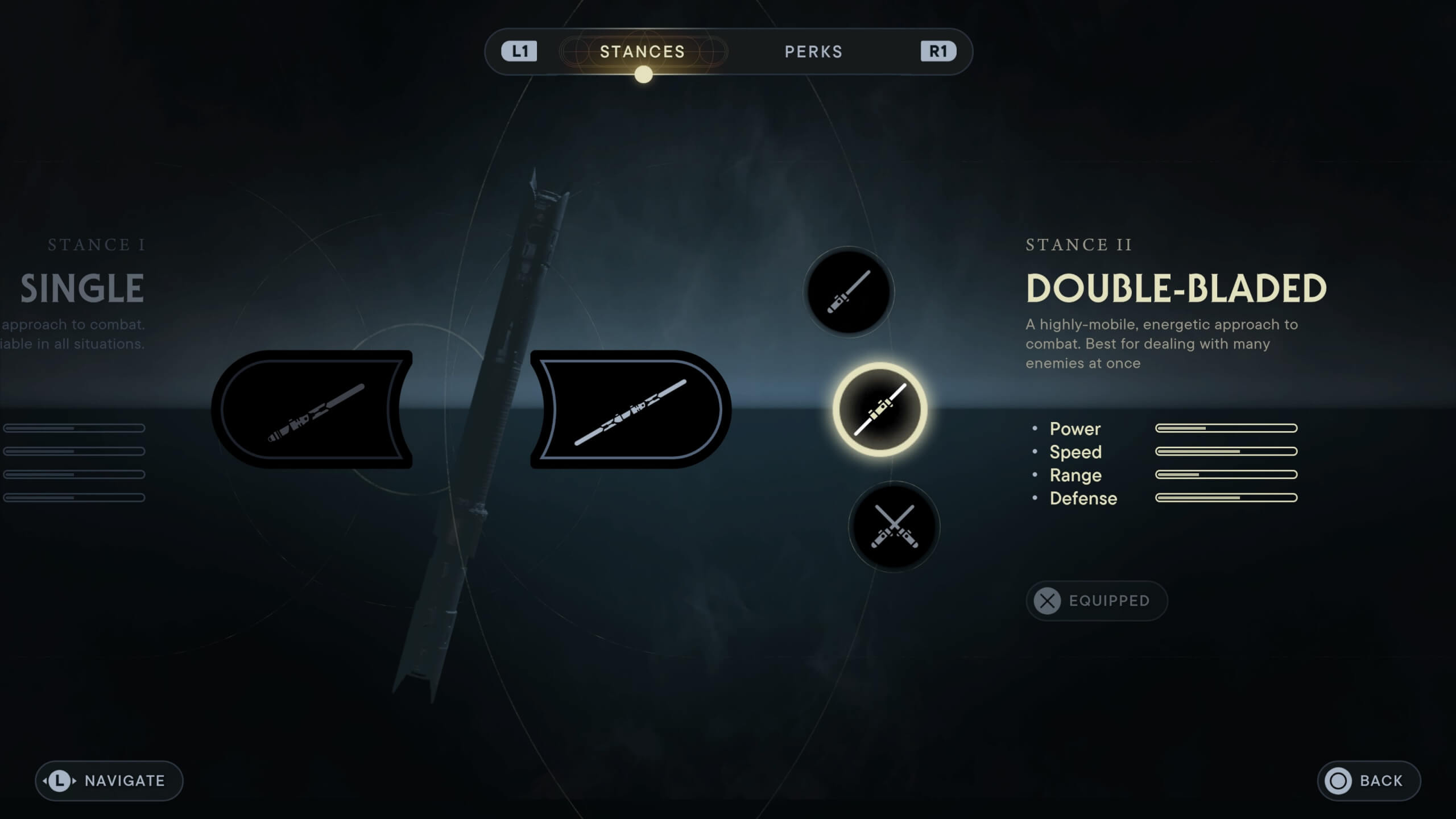 Menu listing the lightsabre stances that players can equip to Cal. currently the Double-Bladed stance is shown with a brief description and stats.