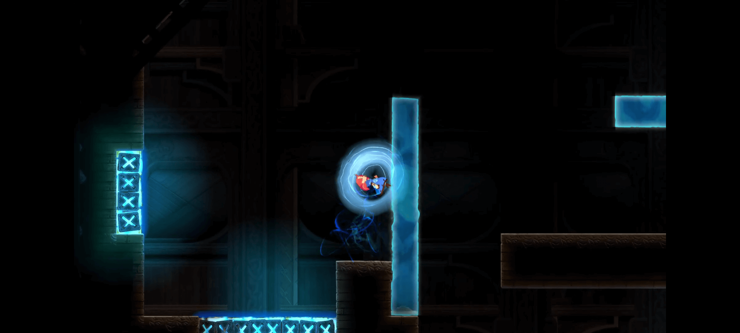 A dark atmospheric environment with different glowing blue blocks. A female character with red hair wearing a blue dress is using a magnetic ability to defy gravity to vertically climb one of the blocks