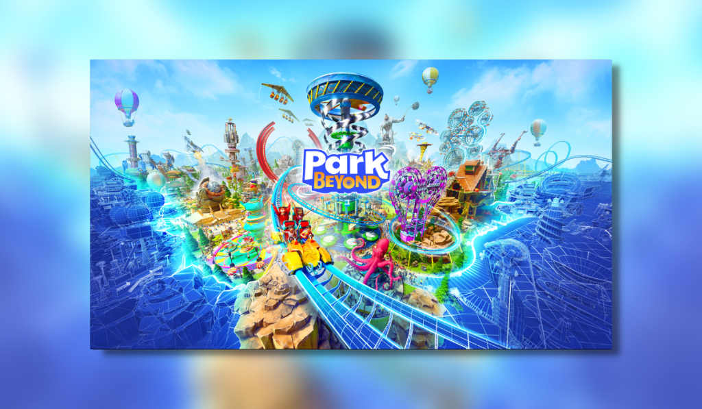 splash screen showing the PArk Beyond logo in the middle in white and purple. Surrounding it is an explosion of various colourful rides while a blue rollercoaster track appears to come out towards you at the bottom. Around the edge, the picture transcends into a blue designer style paper sheet.