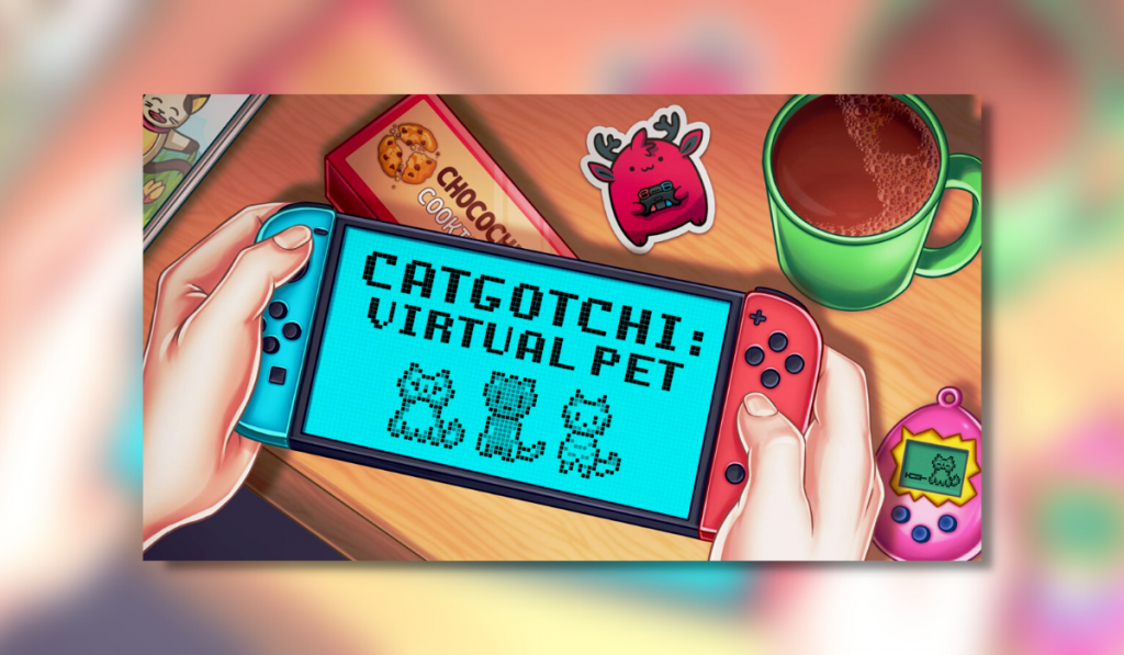 a stylised image of a nintendo switch has the catgotchi game loaded. There is also a tamagotchi, stickers, cookies and a cup of tea on top of a desk.