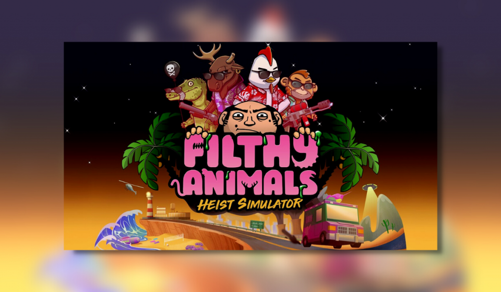 Filthy animals logo showing 4 animals in the background, some palm trees and a starry sky