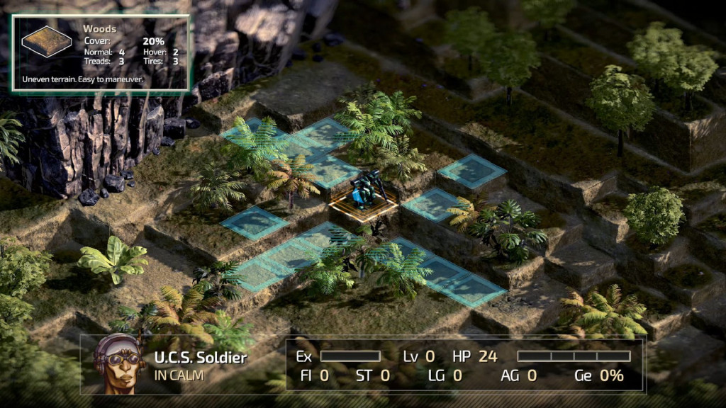 The image shows a grid like terrain covered with foliage and trees. There is a Wanzer Mech in the center looking to make its next move.