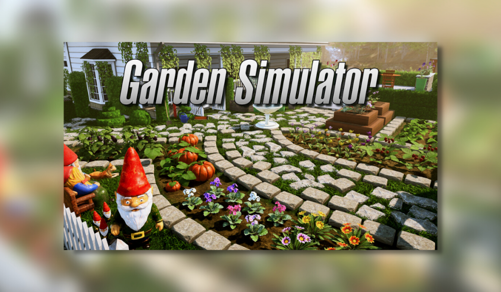 title screen showing a garden with grey paving blocks running through a series of flower beds with a variety of plants and vegetables such as pumpkins. Gnomes are lined up by a white picket fence and a white wooden clad house is in the background. The words "garden simulator" are written in grey across the front of the picture.