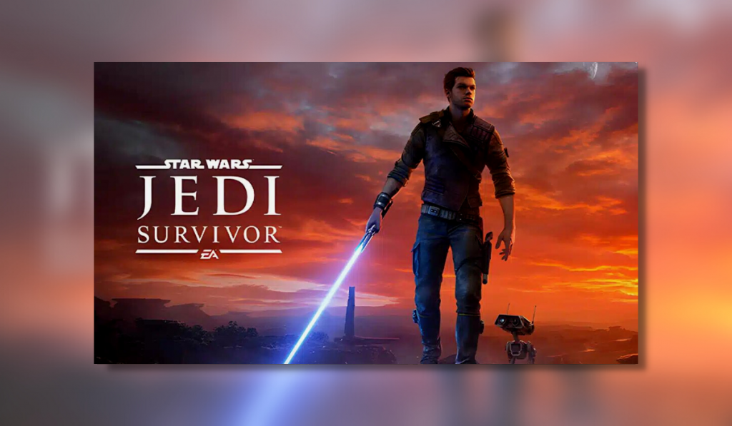 Cal and BD are stood in the front of the image, cal has his lightsaber extended and the game name is to the left of the image.