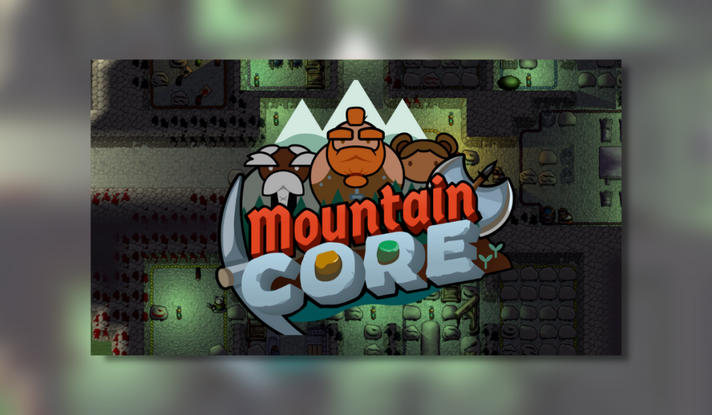 Title Artwork for Mountaincore featuring a few settlers and mountains in the background.