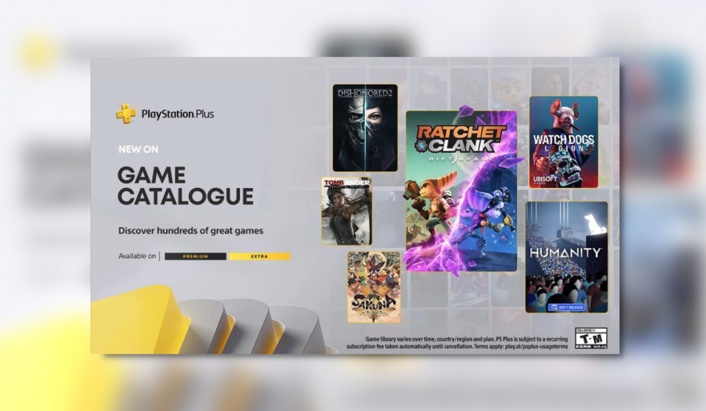 advertisement for PS Plus May game catalogue showing artwroks for 5 of the games on the right and text on the left reading "New on Game Catalogue Discover hundreds of great games available on" followed by logos for Premium and Extra PSPlus tiers