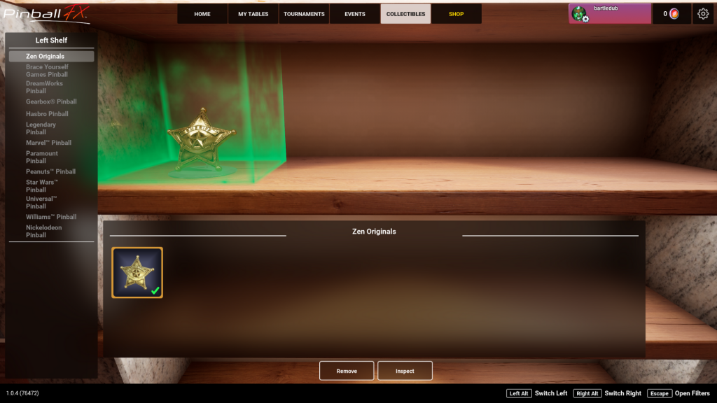 Screenshot from Pinball FX showing the shelving that you can fill full of your collectables.