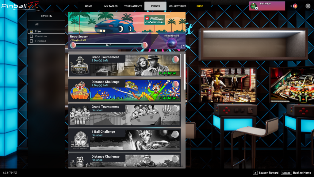 A screenshots within Pinball FX showing the events available.