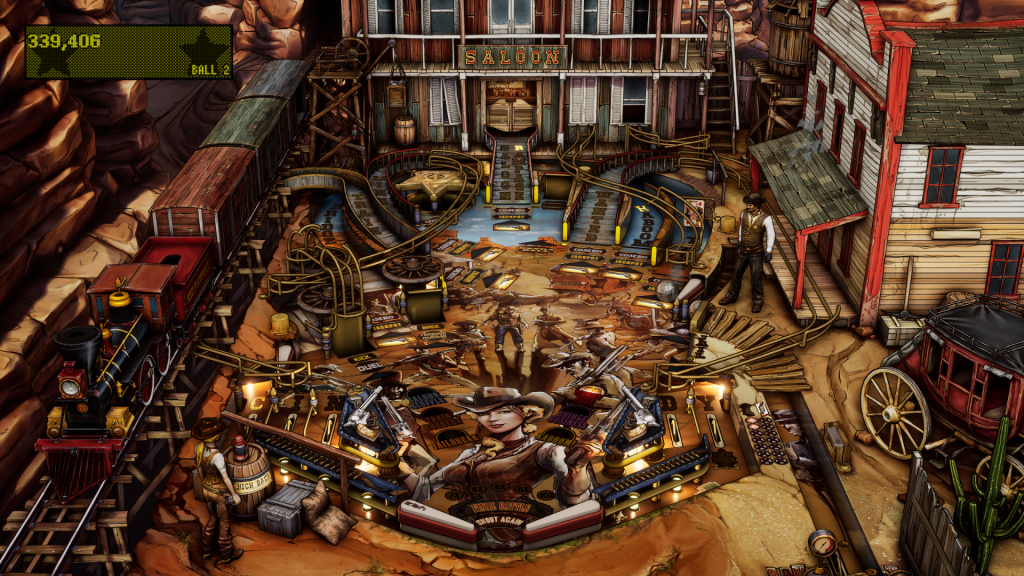 This image shows one of the free tables within Pinball FX. IT has a western theme with various elements like a saloon and a cowboy.