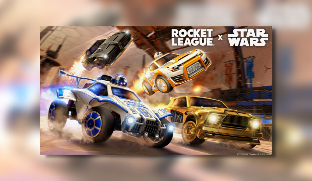 star wars themed cars driving towards the camera with the Rocket League and star wars names in the top to signify the collaboration.