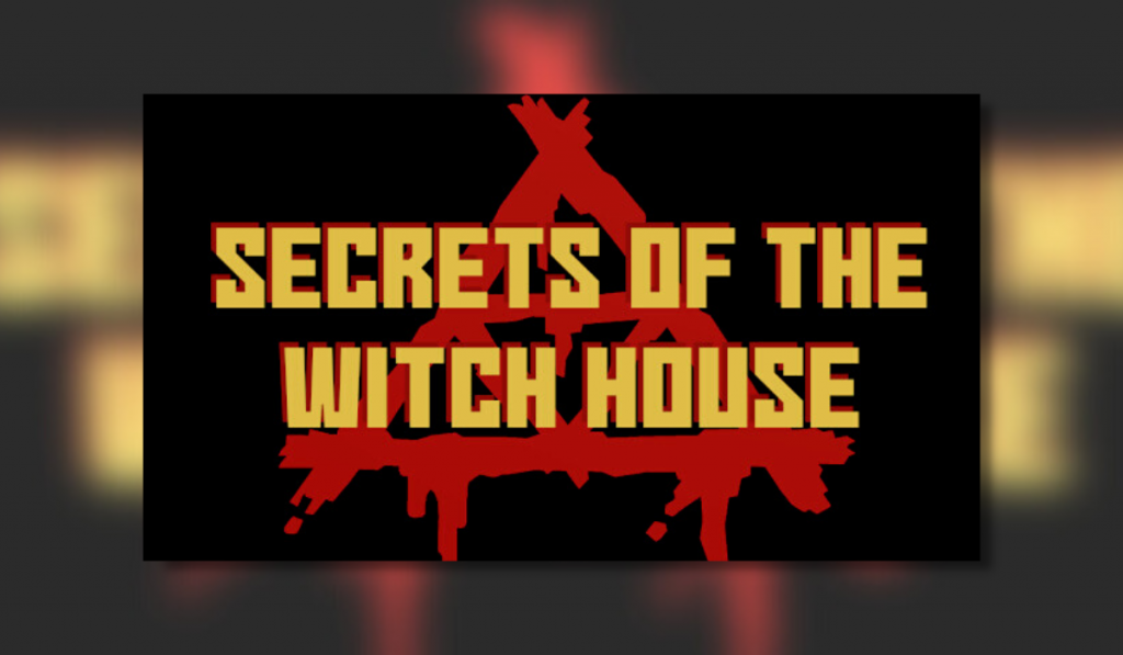Secrets of the witch house logo in front of a red emblem on a black background