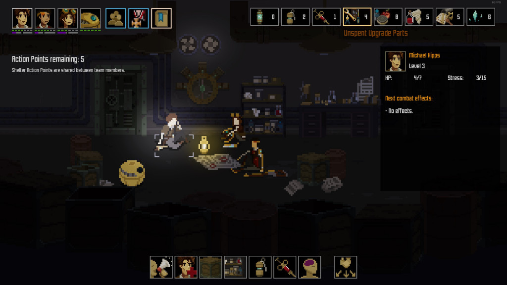 3 characters and the automaton are taking a short respite in the safety of a bunker. It is dark and gloomy. the selected character is Michael Kipps.In the foreground there are barrels and boxes. In the background there is the bunker door to the left, followed by a stack of shelves and a desk. All of the characters are set around a gas lamp. In the bottom of the screen is all of the action that can be taken by Michael.
