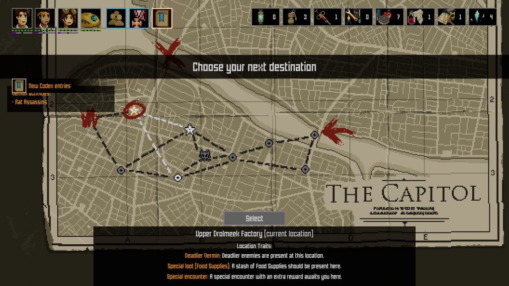 A map of the capitol, with "Choose your next destination" in the middle.The box in the bottom reads. "Upper Drolmeek Factory current location. Location Traits: Deadlier Vermin: deadlier enemies are present at this location. Special loot (food supplies): A stash of Food Supplies should be present here. Special Encounter: A special encounter with an extra reward awaits you here." On the map there are a number of destinations to make your way through.