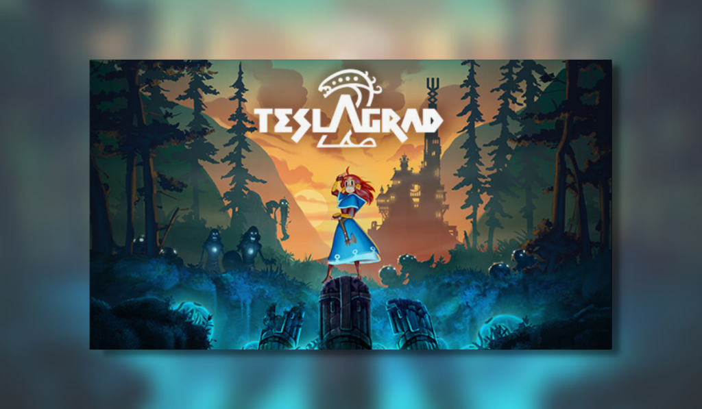 Feature artwork for PS5 game Teslagrad 2. A red haird girl stands on a raised platform peering into the distance. She is wearing a blue bress and is holding an axe. She is in a murky looking forest with a cloudy sunset in the background