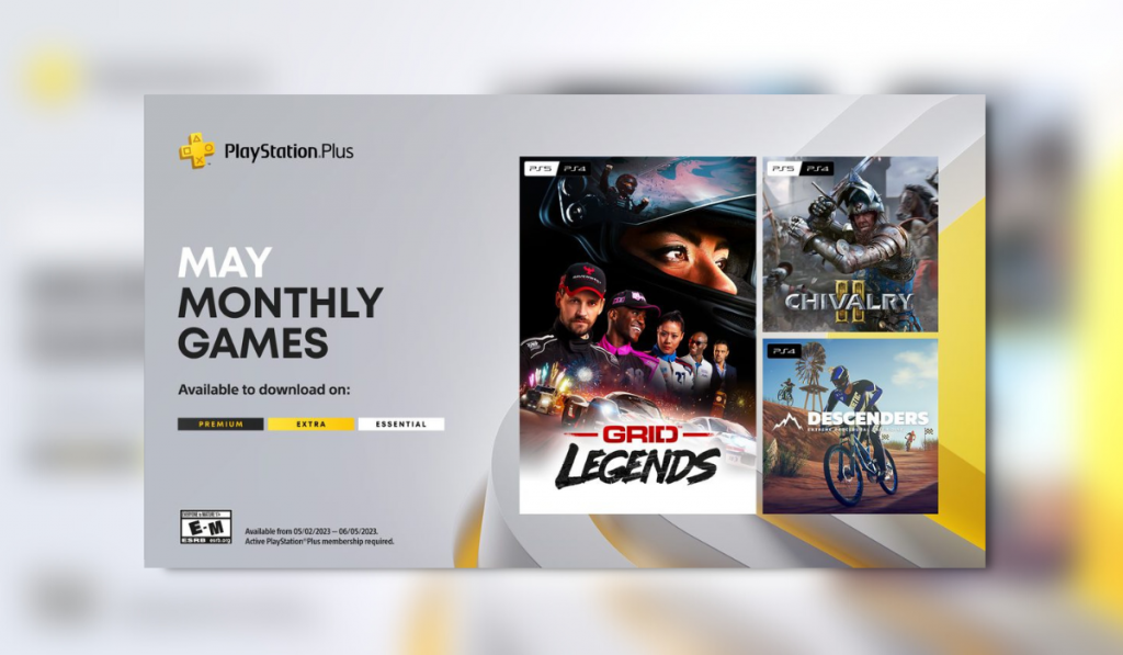 advertising artwork for the PS Plus May monthly games showing artworks for the 3 games (Grid Legends, Chivalry 2 and Descenders) on the right with text on the left reading "May Monthly Games" with the logos for the ps+ tiers below.