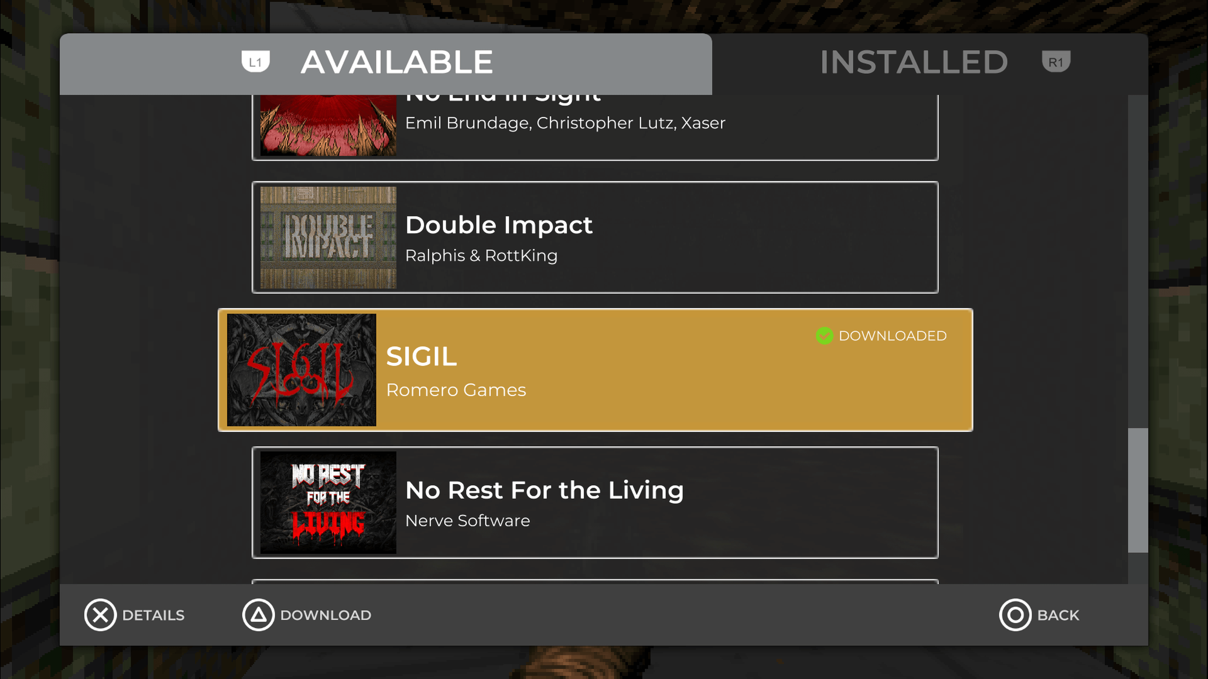 add-on menu screen in classic videogame Doom showing Romero Games add-on Sigil which is denoted on the right as downloaded