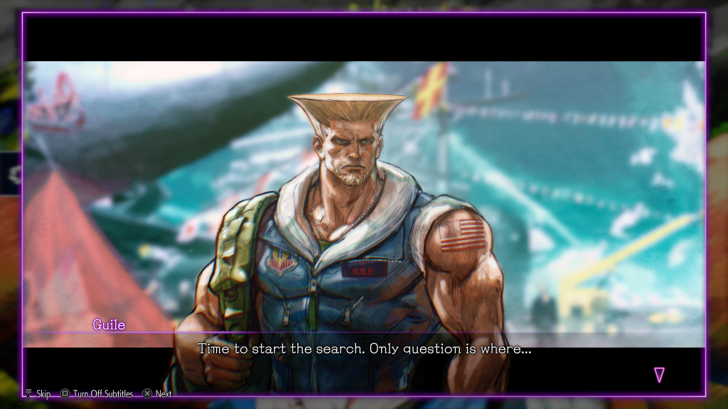 a gorgeous comic book style rendition of Guile from Street Fighter. He stands stern faced with a green backpack slung over his right shoulder. A subtitle along the bottom reads: "Time to Start the search. Only question is where..."