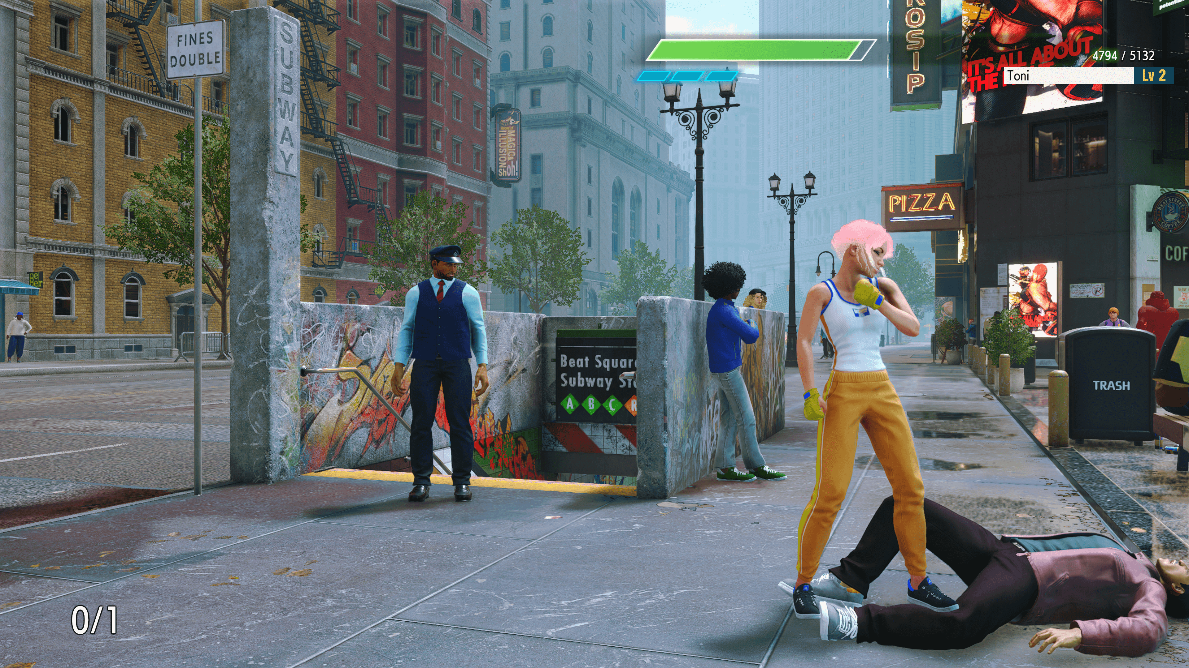 A city scene from Street Fighter 6 character with pink hair wearing yellow bottoms, a white vest with blue trim and yellow fighting gloves stands over a character lying on their back wearing a wine leather jacket, black jeans and blue canvas trainers with white soles. Behind them is an entrance to a subway station with graffiti on the concrete along the stairway where the handrail runs down.