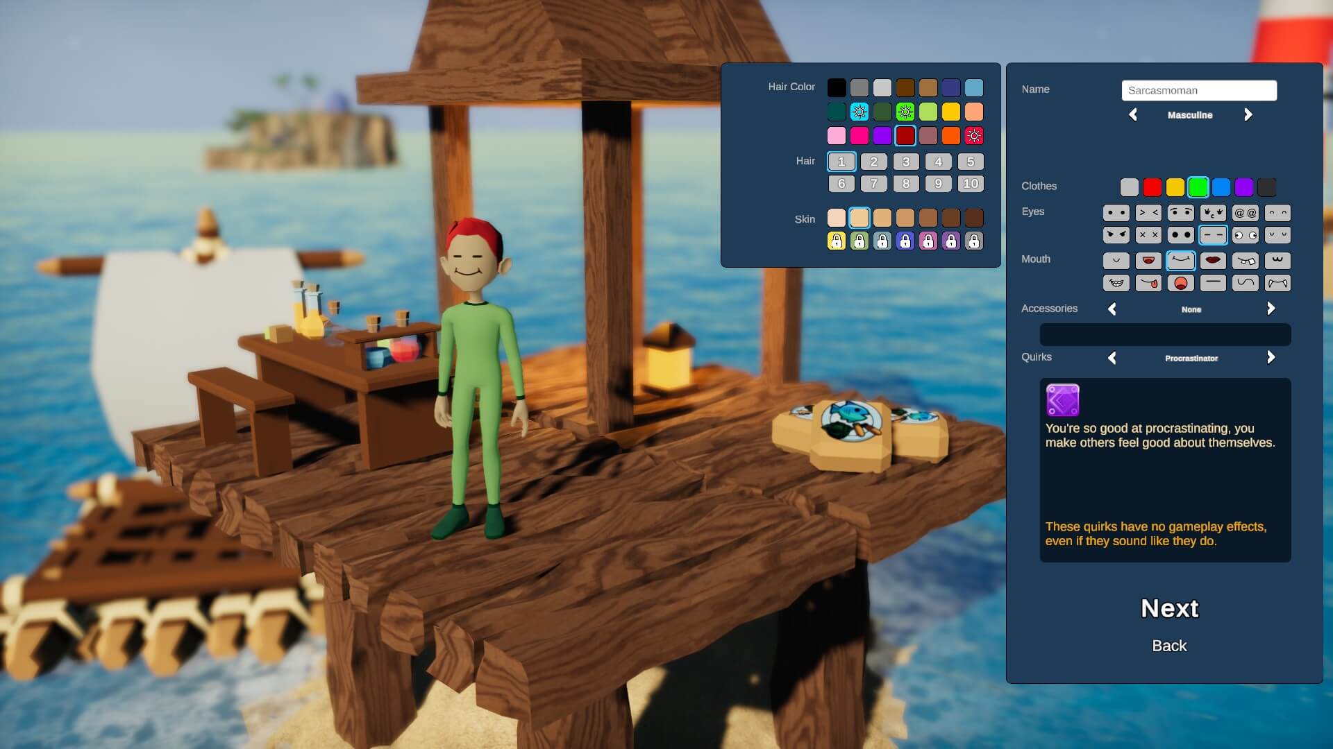 A dorky man stands on a wooden platform under a shelter in a green onesie. To the right of the screen are various colour options to change his appearance. The ship he came in on looks like it's sailing away to the left. Bummer!