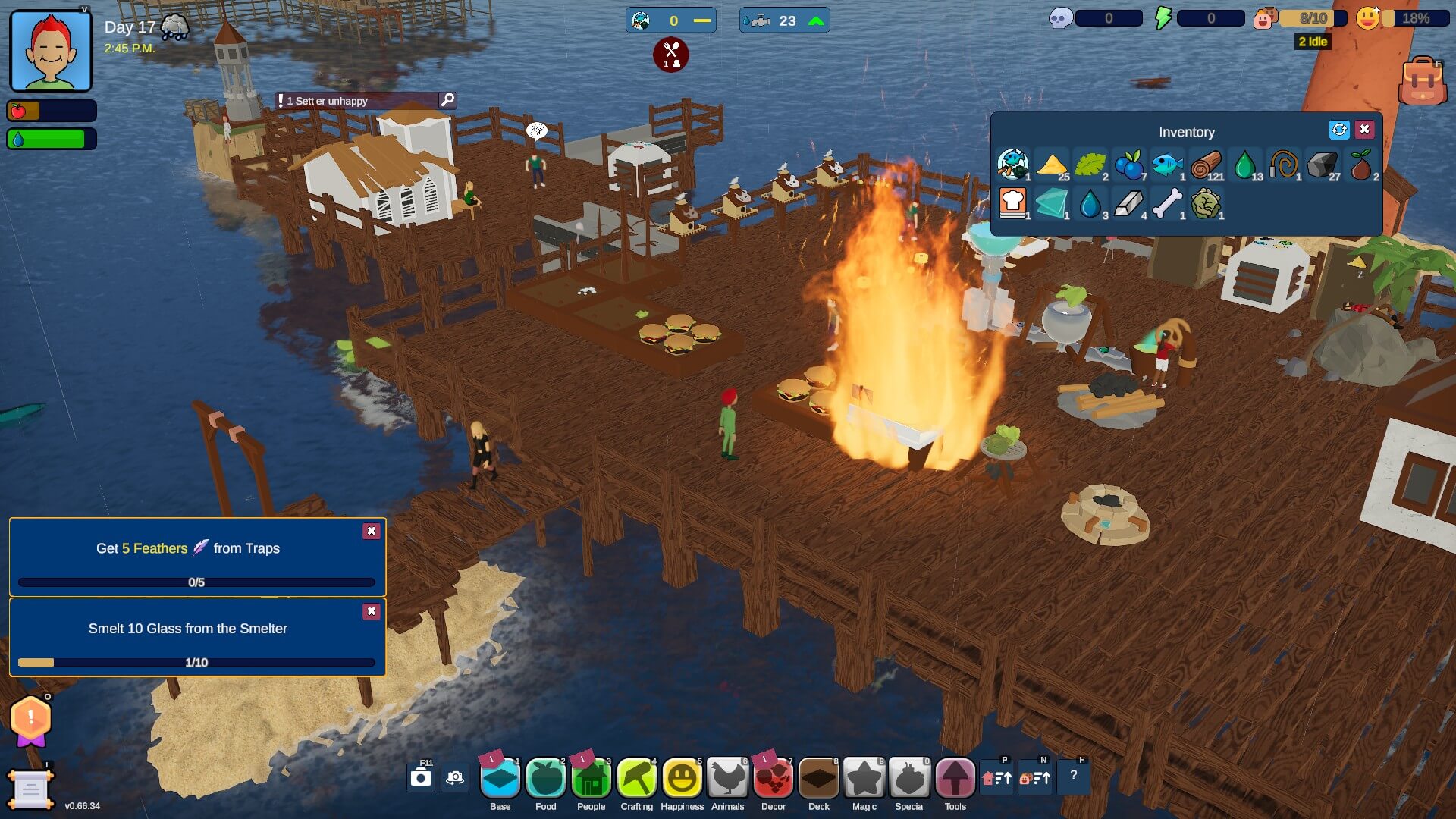 Burn baby burn, haven dock inferno. A wooden dock area is on fire. There are various other items on the dock, but mainly it's the fire that seems to be the focal point. Should put it out really. 