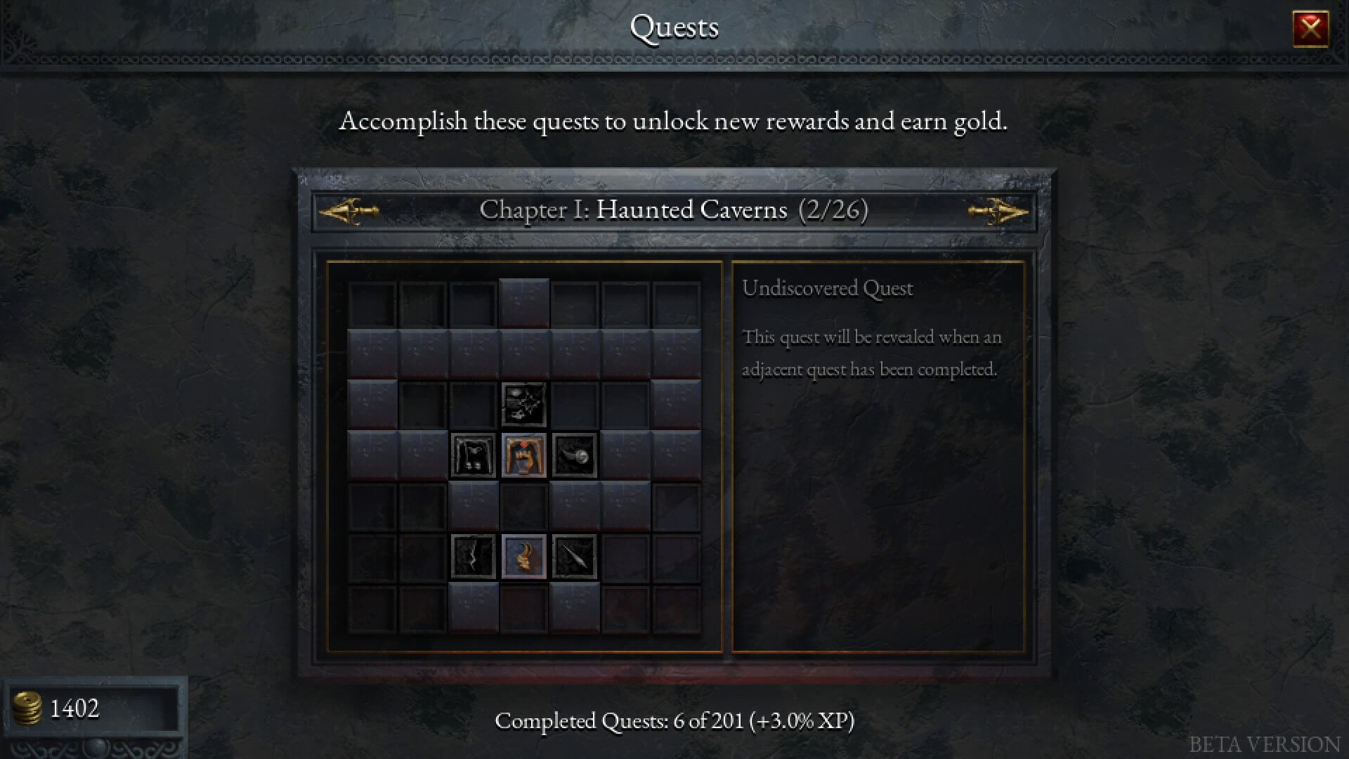 The quest tablet for one of the halls is shown as stone-like squares across it. Each square that stands out from the background is a different quest.
