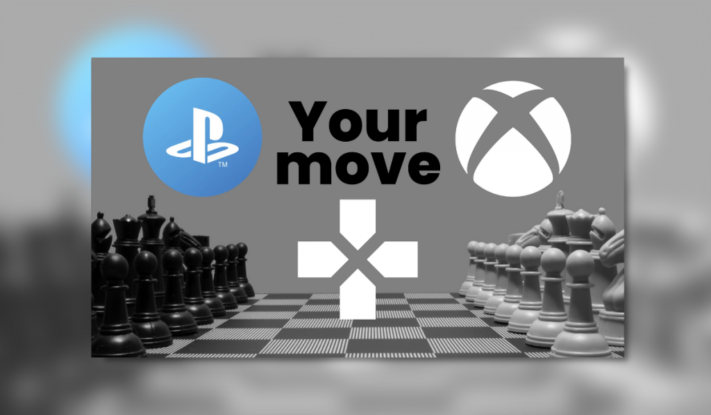 chess pieces lined with on a chess board with a PlayStation logo above the black side and an Xbox logo above the white side. between the 2 sides of the board there is text reading: "Your move" with a directional pad symbol below