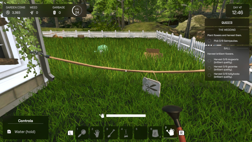 screenshot showing a grasssed area surrounding the white cabin that is currently roped off. You must unlock it using garden coins gained from completing quests.