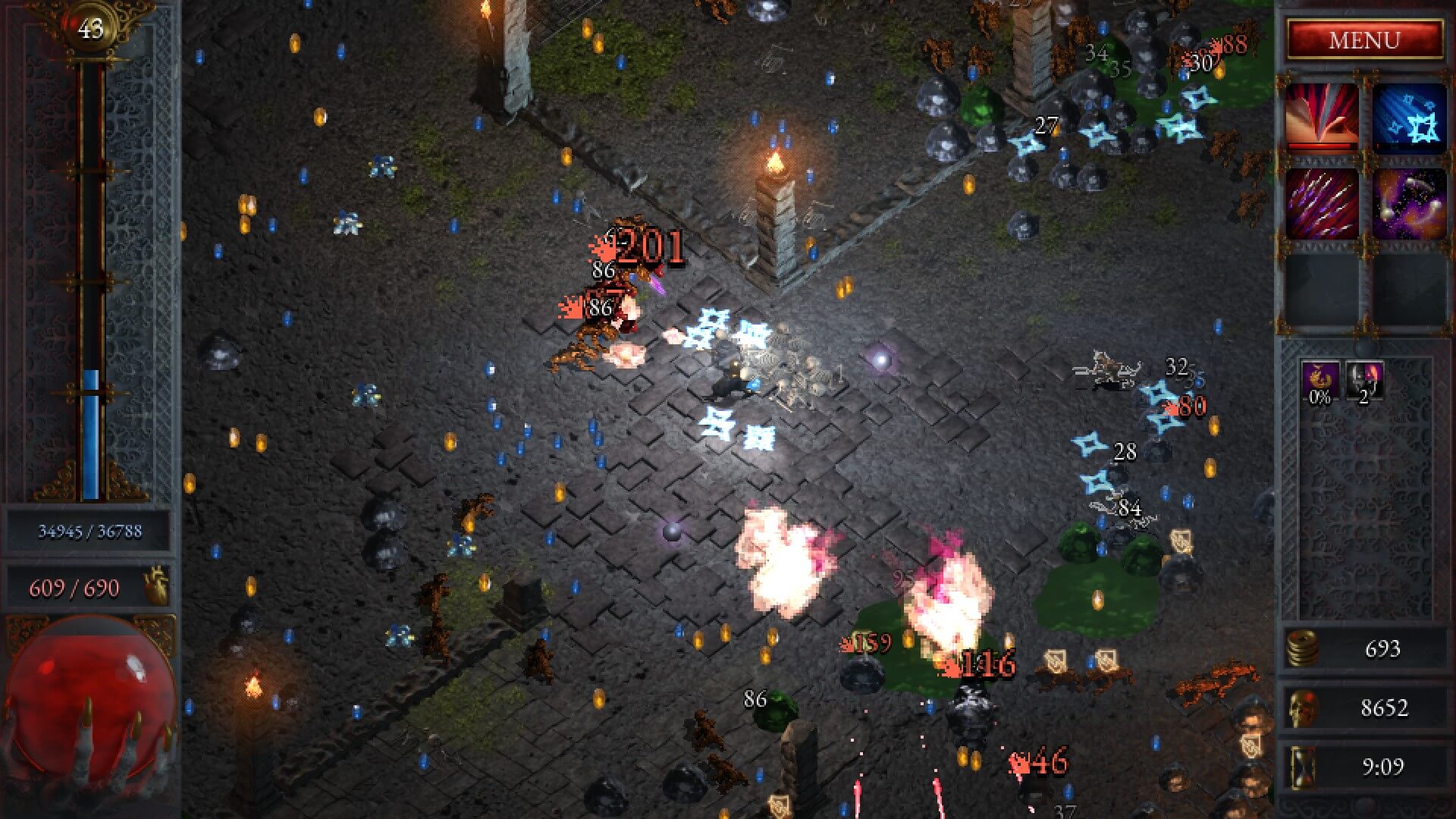 The player character stands in the middle of the screen surrounded by enemies all around while attacking with a flamethrower. Experience vials or gems are littered about the area to collect. The player's XP bar and health pool are on the left whereas the abilities and counters are on the right of the screen.