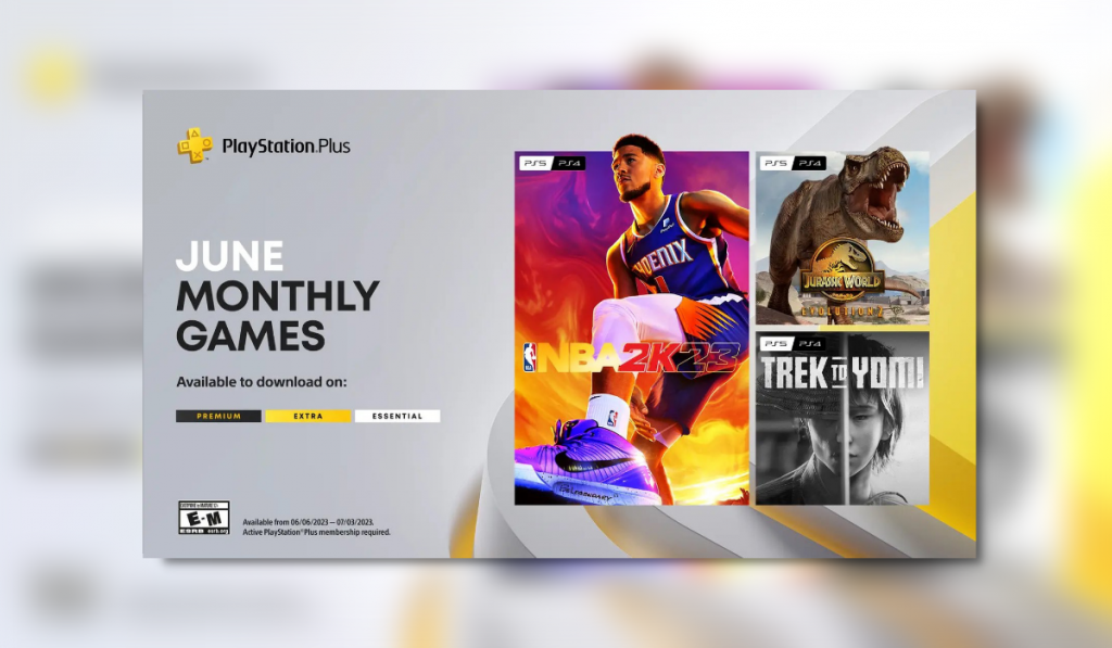 advertising artwork for the PS Plus June monthly games showing artworks for the 3 games (NBA 2K23, Jurassic World Evolution 2 and Trek To Yomi) on the right with text on the left reading "June Monthly Games" with the logos for the ps+ tiers below.