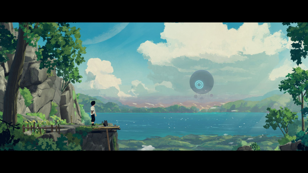 A brightly lit screen with a character and cat on a cliff overlooking the sea. A ominous black shape is on the horizon