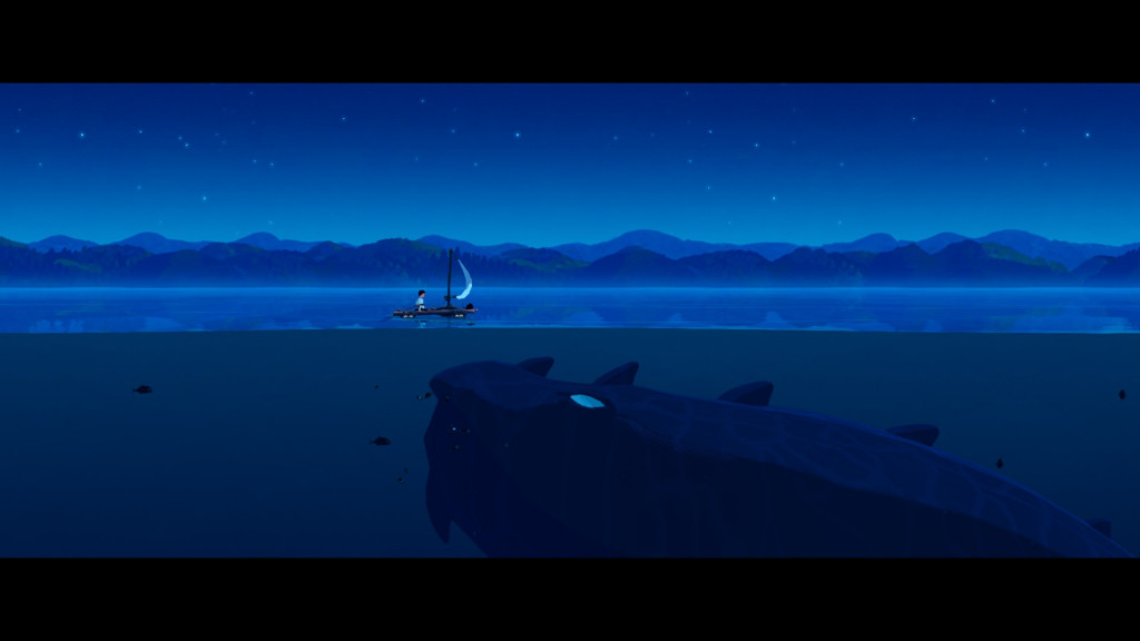 A sea monster is shown beneath the surface as a character sails above on a raft 