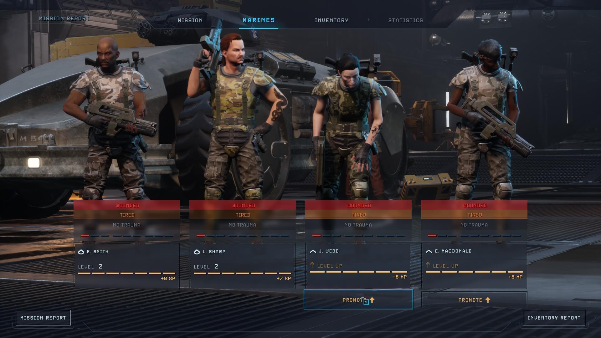 The line up of my squad after returning from a mission. There are several bars that show they are both stressed and exhausted. two members can be promoted.