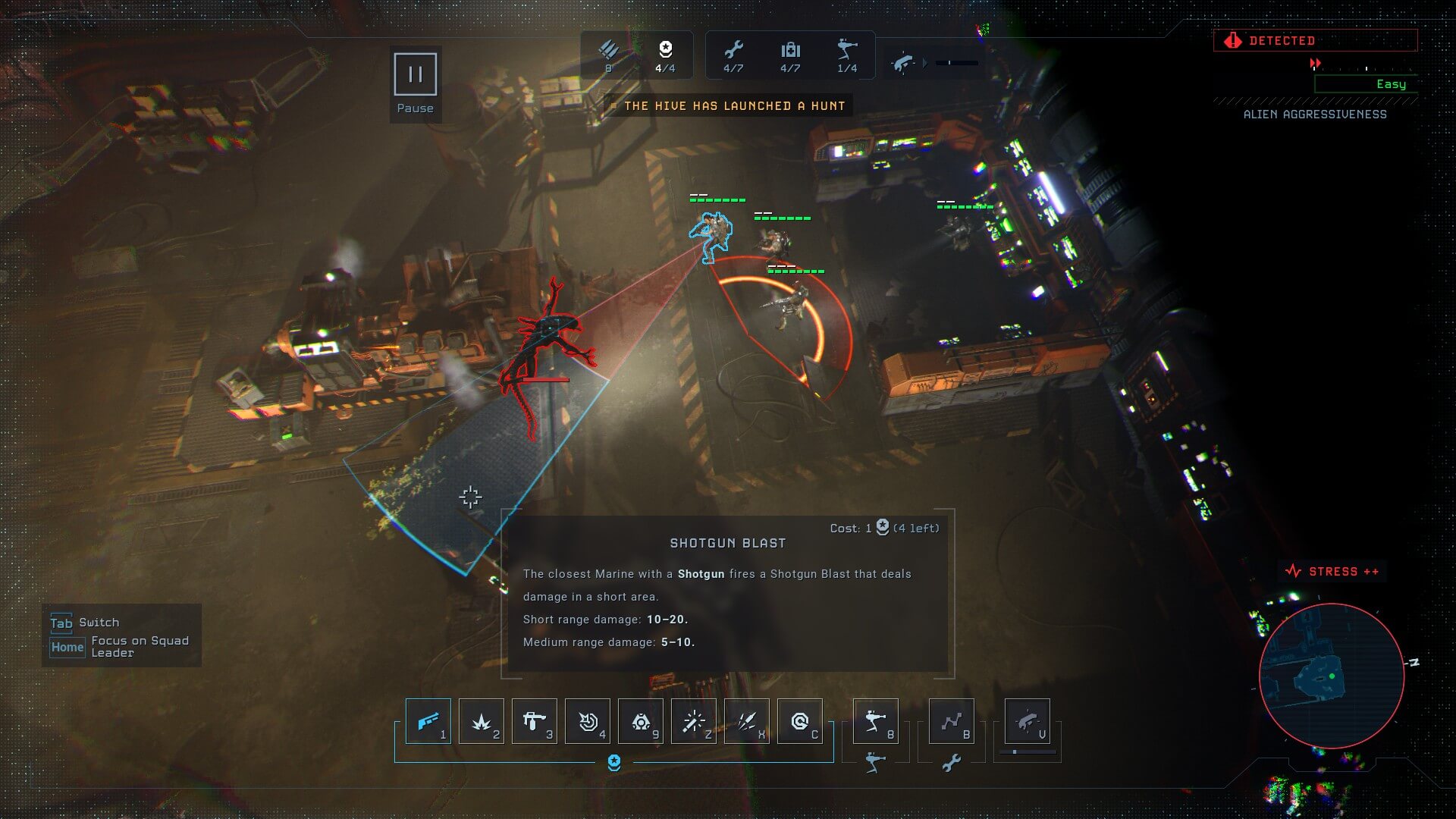 The squad is holding off an oncoming Xenomorph whilst a team mater is activating a terminal. the cone shown in the image is shotgun skill radius with blue meaning to damage and red having a higher chance to kill.
