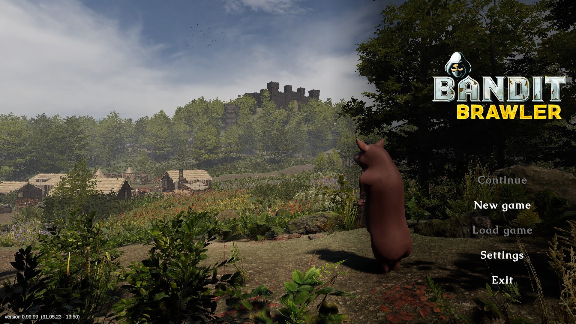 The words Bandit Brawler are written to the right hand side followed by a list of game options. Load Game, Continue, New Game, Settings, Exit. A well tanned pig is stood up on its hind legs looking across a medieval village with a castle in the background.