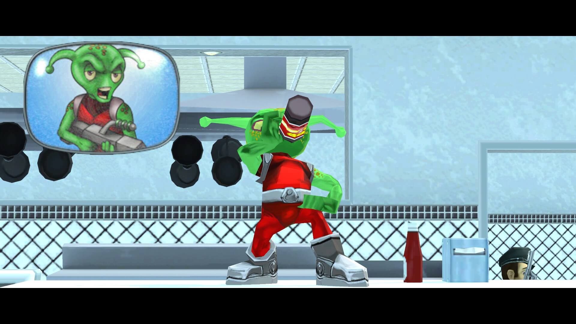 A Martian is drinking a Zapp-o-Cola which is one of the items in the game that provide health. The Tv on the left is meant to show that the character I talking. 