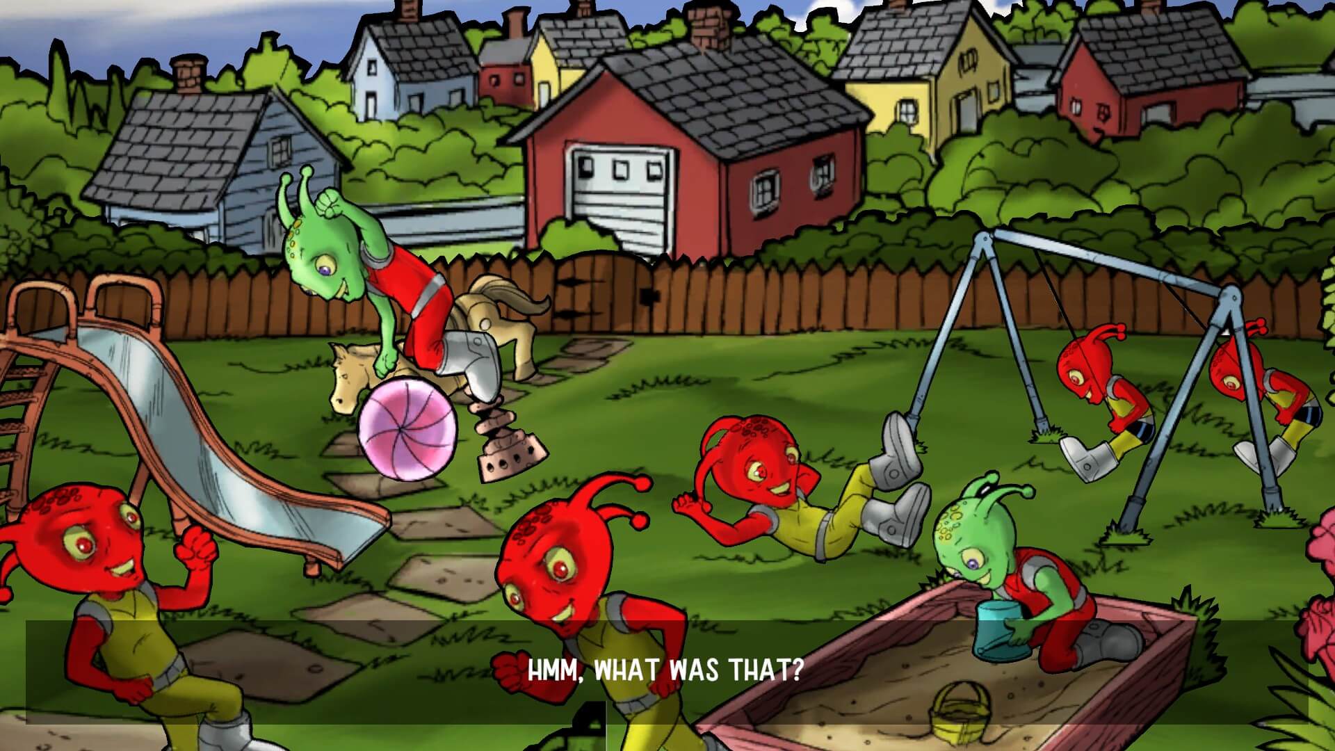 Martians being carefree in a park. This is shown in one of the comic strips.