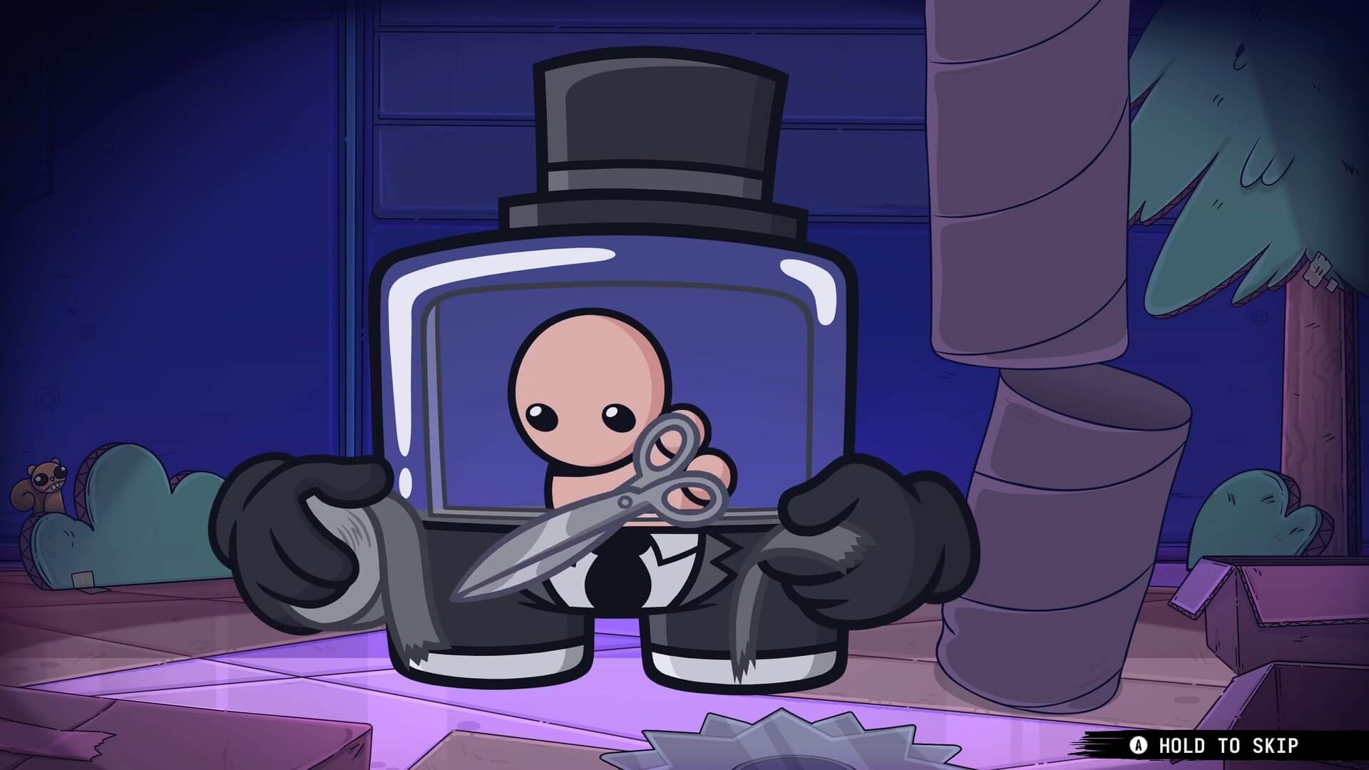 Dr. Fetus is making some sort of contraption for the game. He usually remains in his jar body but requires his real hands to cut the tape. the background seems to be made out of cardboard products.
