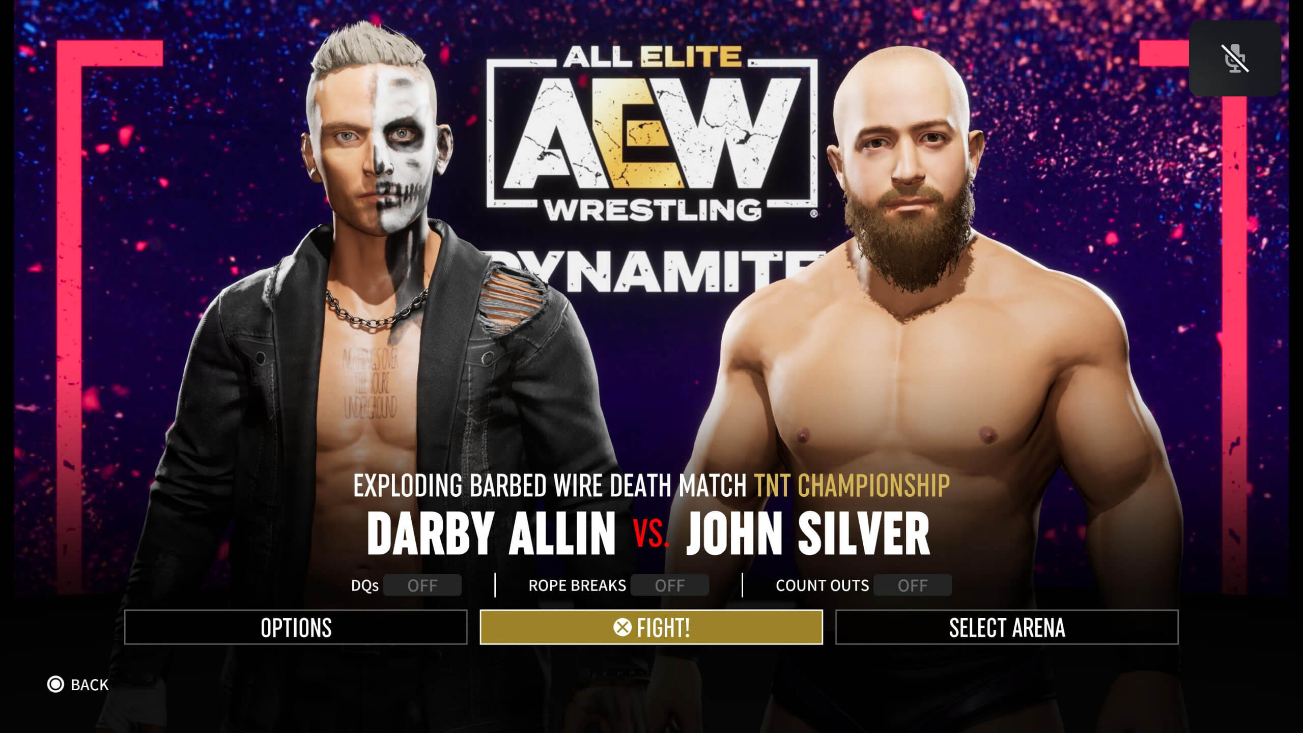 Darby Allin and John Silver match up screen. both characters are on screen with the options, fight and select arena options at the bottom.