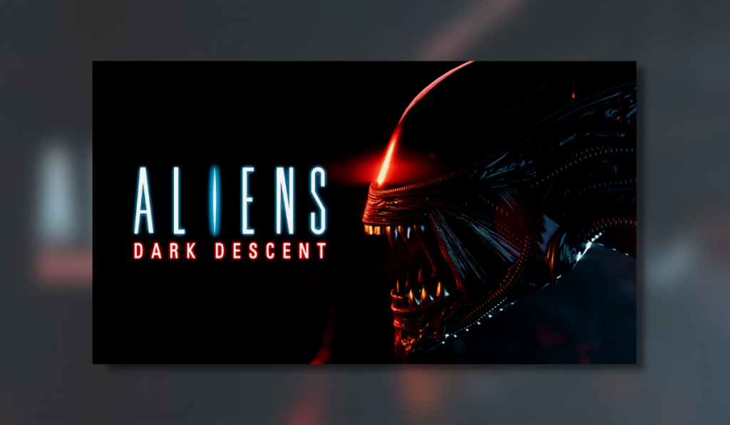 The games title with neon blue for the word Alien, the I is coloured more cyan compared to the rest of the texts. The words Dark Decent are coloured Red. A Xenomorph's head is appearing from the right side with a rred light giving a gleam affect of the top.