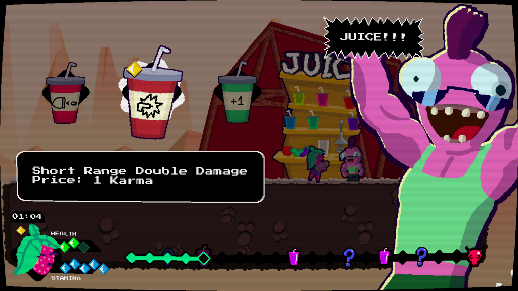 The player is at a Juice Shop in Trouble Juice. Juice Guy, the proprietor is shouting "JUICE!" as shown by a speech bubble. The highlighted upgrade on offer is for the players gun and will give them 'Short Range Double Damage'. The price for the upgrade is 1 Karma.