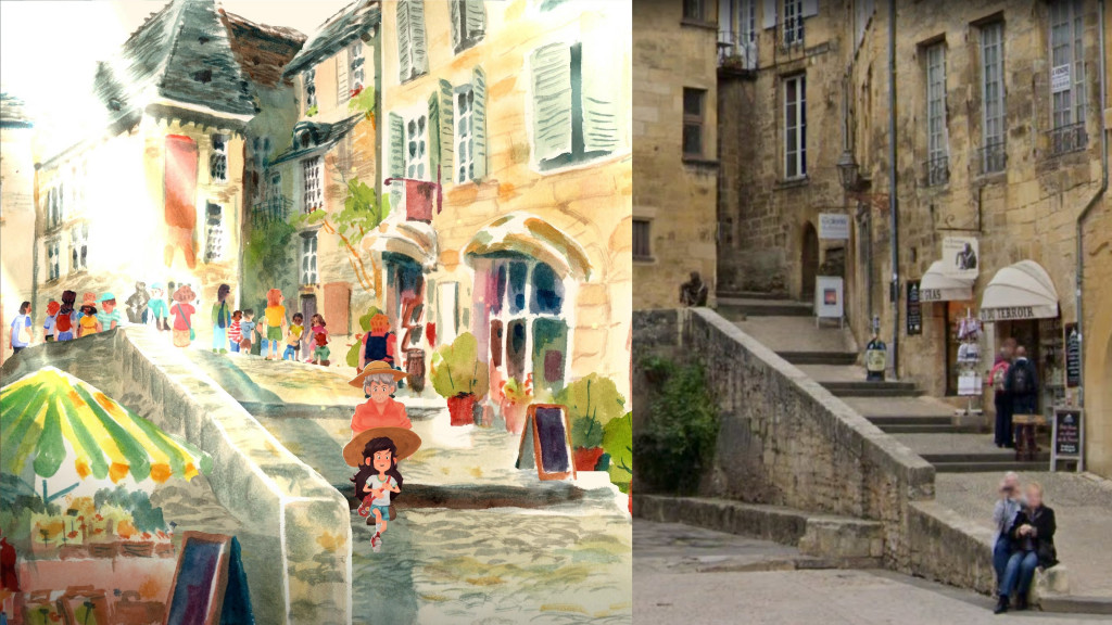 A screenshot of the market scene from Dordogne is shown next to a photo of its real-life inspiration, Sarlat Market in Sarlat-la-Canéda, France. This demonstrates the accuracy delivered by the artwork in the game.
