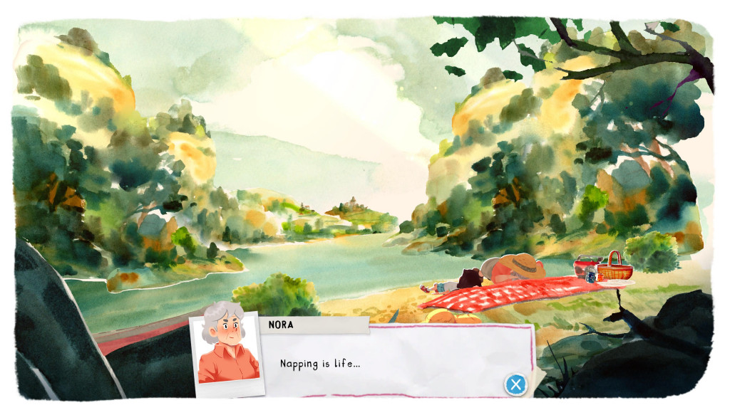 A scene from Dordogne where Nora and Mimi are laying on the banks of the river. A speech box shows Nora saying "Napping is life".